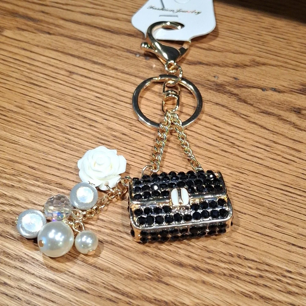 Elegant Black & Gold Purse Charm/Keychain with Pearl Accents
